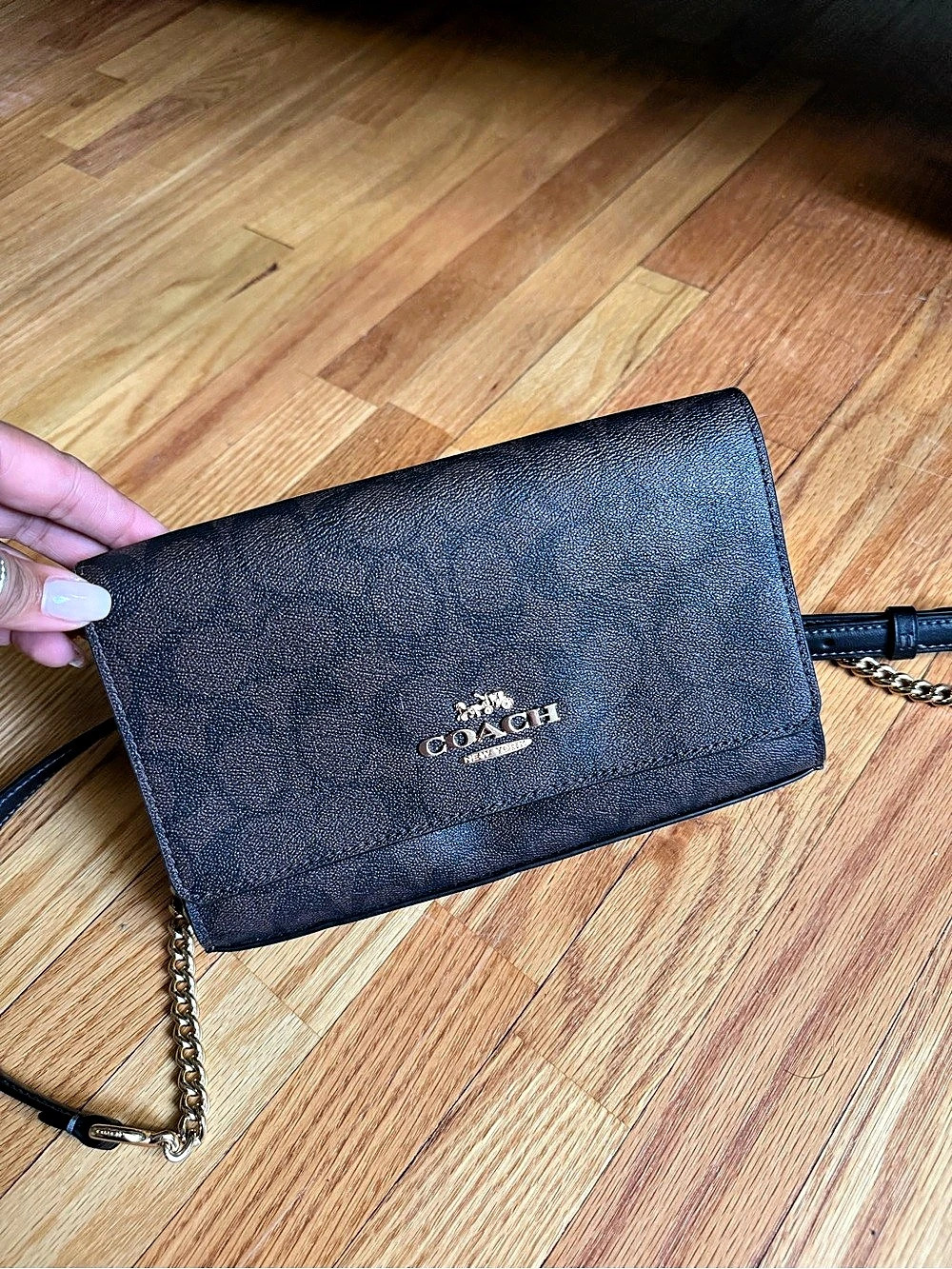Coach Anna Foldover Signature Canvas Chain Crossbody Brown & Black
